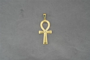 Ciondolo a croce Ankh in oro lucido con bordi arrotondati su sfondo in tessuto scuro