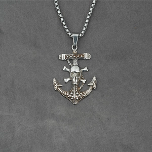 Vintage Stainless Steel Skull Anchor Pendant Necklace For Men Women Antique Silver Distressed Punk Gothic Nautical Pirate Style Jewelry