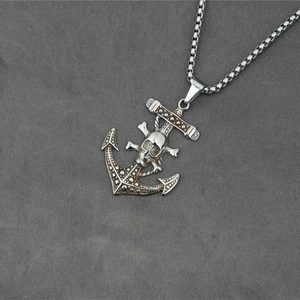 Retro stainless steel anchor necklace with skull pendant and square link chain