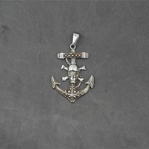 Punk style silver anchor pendant with skull and crossbones design for men's necklace