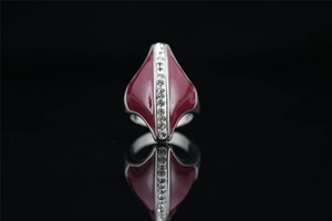 Macro shot of retro titanium steel ring with red enamel and vertical crystal stones