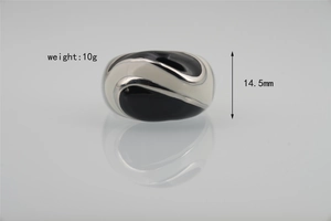 Detail view of 14.5mm wide stainless steel ring with black and white enamel wave pattern