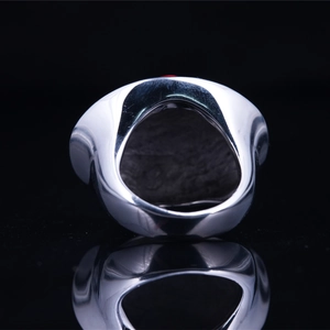 Silver stainless steel wide ring with red enamel inlay and teardrop hollow cutout