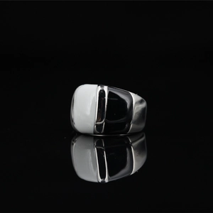 Minimalist black and white enamel titanium steel ring with mirror polished silver band