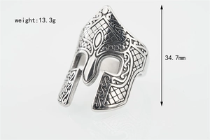 Macro detail of Spartan helmet ring with vintage engraving and 34.7mm height