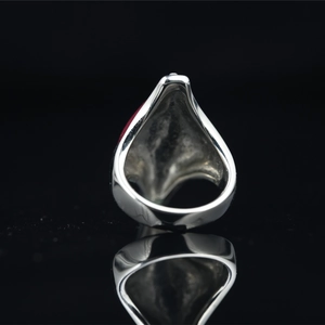 Vintage boho titanium steel ring with red stone teardrop design and silver metallic finish