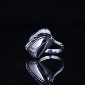 Vintage stainless steel ring with 3D heart design and black and white crystals inlay