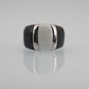 Ethnic style black and white contrast titanium steel ring with wide polished silver band