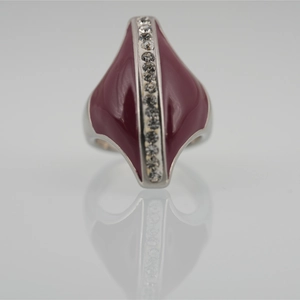 Vintage red enamel stainless steel ring with rhinestones and polished silver finish
