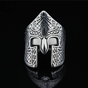 Vintage Viking Spartan warrior helmet ring for men in silver and black stainless steel