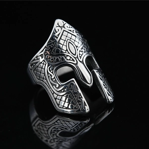 Vintage Spartan warrior helmet ring for men with antique silver finish and detailed textures