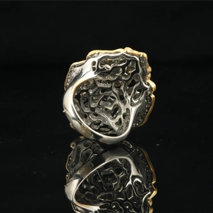 Vintage bicolour hollow pattern titanium steel ring with gold and silver finish