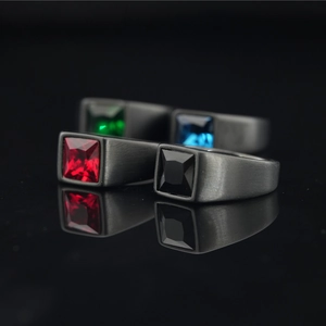 Vintage Stainless Steel Signet Ring For Men Women Brushed Black Square Red Blue Green Black Gemstone Fashion Jewelry Band Ring