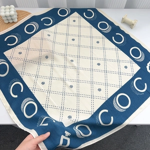Classic navy and cream silk-feel square scarf with letter patterns and floral check prints