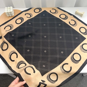 Elegant black and gold silk square scarf with camellia pattern and letter borders