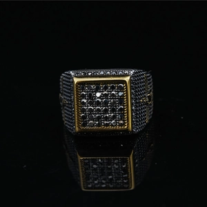 Hip hop style gold square signet ring with micro-pave black crystals for men and women