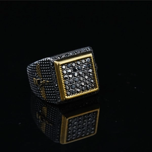 Men's titanium eagle square ring with black cubic zirconia stones and gold frame