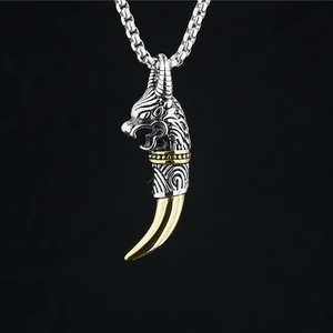 Retro Viking Wolf Head Tooth Pendant Necklace Stainless Steel Hip Hop Punk Animal Jewelry Men Women Jewelry Accessory