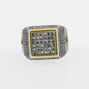 Men's square titanium steel ring with black crystals and golden eagle frame detail