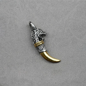 Retro Viking wolf head tooth pendant necklace with two-tone silver and gold finish