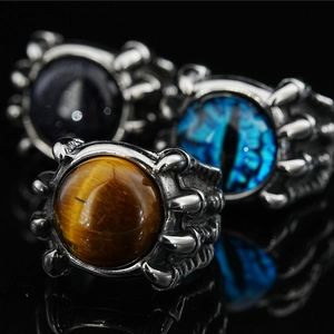Retro Punk Dragon Claw Devil Eye Titanium Steel Ring For Men Gothic Domineering Tiger Eye Blue Sandstone Band Ring Jewelry