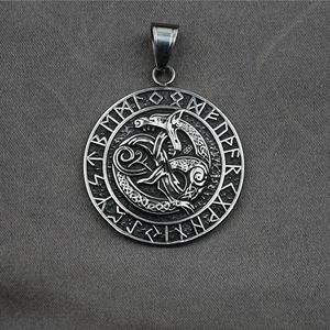 Retro Viking Ouroboros pendant with Nordic Runes on a stainless steel necklace for men