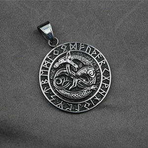 Vintage Viking pendant necklace with Nordic runes and dragon totem in antique silver