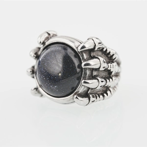 Retro punk demon eye ring with blue goldstone and silver metal claw design for men