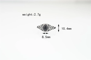Detail view of vintage titanium steel ring with black gemstone and engraved filigree