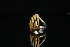 Close-up of dual-tone leaf-shaped ring with golden stripes and silver-white band