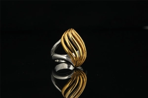 Detailed macro view of retro leaf shaped two-tone titanium steel ring with golden ripples