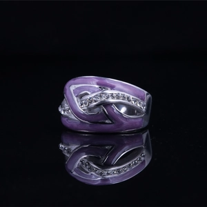 Elegant purple enamel entwined titanium steel ring with sparkling round zircon stones