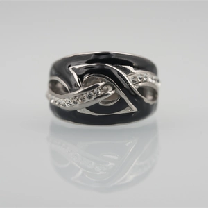 Elegant wide black enamel titanium steel ring with silver twisted lines and rhinestones