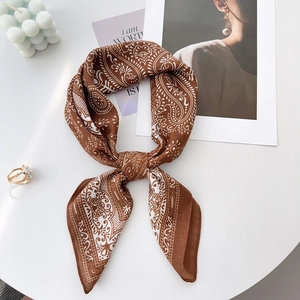 Brown paisley square silk scarf with white vintage patterns on minimalist background