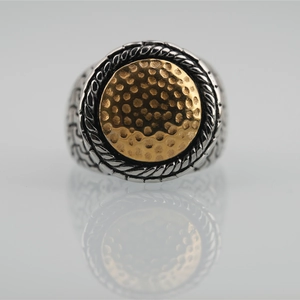 Vintage irregular hammered titanium steel ring with silver and gold braided patterns