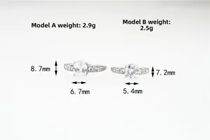 Moissanite rings details showing oval 2.9g and round 2.5g stone size specifications