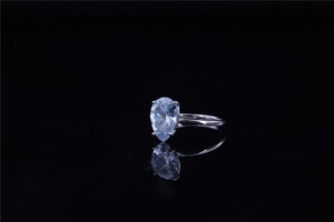 Detailed side view of pear cut gemstone ring with four-prong silver stainless steel setting