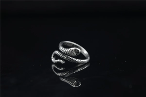Détail macro d'une bague serpent vintage avec textures d'écailles et finition argent vieilli