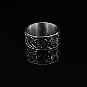Viking style stainless steel ring with Celtic knot patterns in retro silver finish
