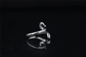 Détail macro d'une bague serpent argentée aux écailles texturées avec reflet sur fond noir