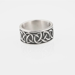 Viking style Celtic knot silver ring with detailed embossed patterns for men and women