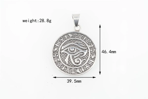 Detail view of Eye of Horus pendant with hieroglyphic relief and 39.5mm dimensions