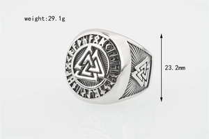 Macro view of Viking Valknut ring in silver steel with Nordic runes and 23.2mm height