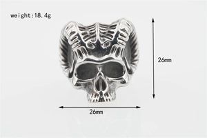 Detailed view of goat skull ring with 18.4g weight and 26mm size measurements