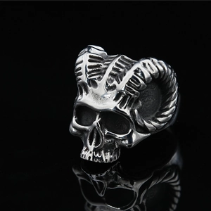 Vintage Punk Titanium Steel Skull Goat Horn Ring Gothic Distressed Silver Skeleton Biker Ring For Men Women Jewelry