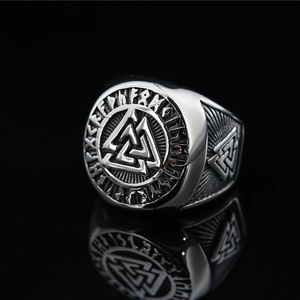 Vintage silver Viking Valknut ring for men featuring Elder Futhark runes on black background