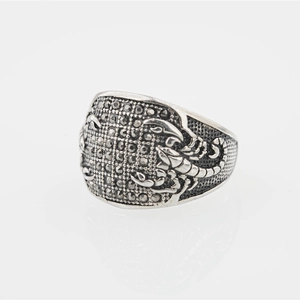 Bague scorpion gothique en acier inoxydable avec pierres noires et finition argent vieilli