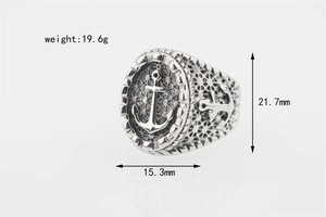 Detail view of silver anchor ring with size specs 21.7mm by 15.3mm and 19.6g weight