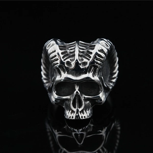 Vintage punk rock skull ring in silver titanium steel with 3D horned skull details