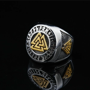 Vintage Viking Valknut triangle ring for men with golden runes and stainless steel finish